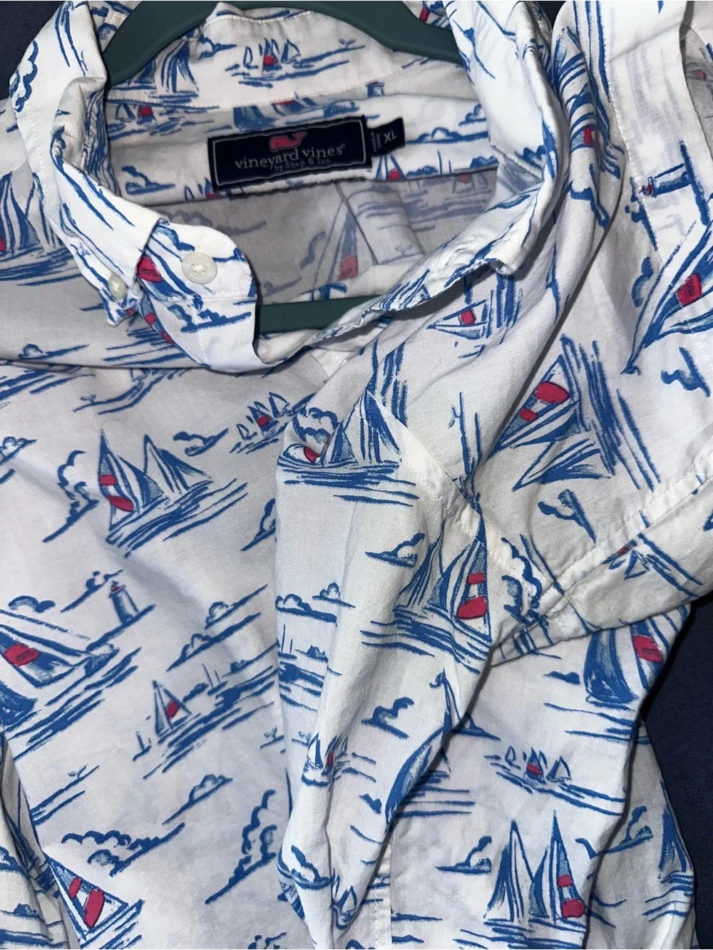 Vineyard Vines White Short-Sleeve Button-Down with Blue and Red Sailboat Print - Picture 3 of 3
